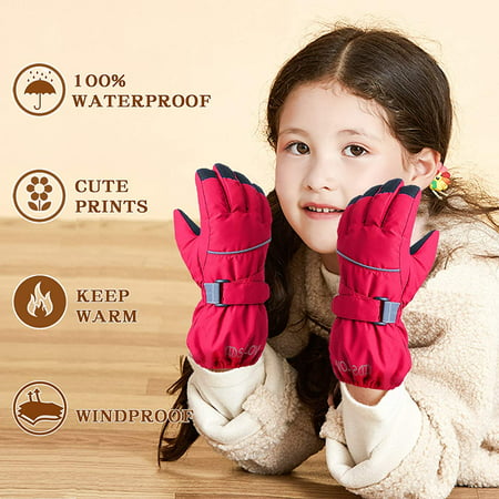 Kids Winter Glove Boys Girls Snow Ski Waterproof Gloves for Teens Fleece Lining Warm Mittens Outdoor Red, 7-11T